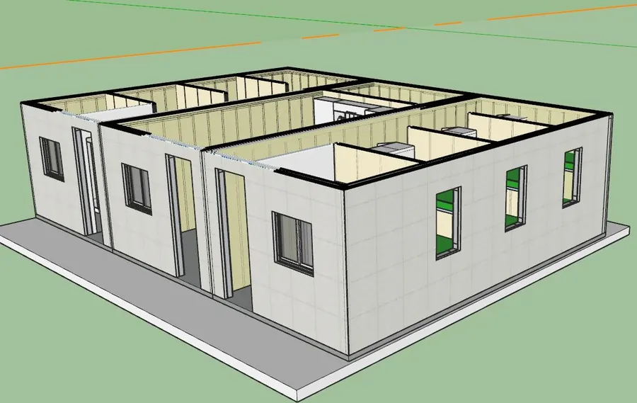 Propuesta de diseño en modelo 3D de una caseta modular: planta con la distribución de las estancias, vista desde arriba