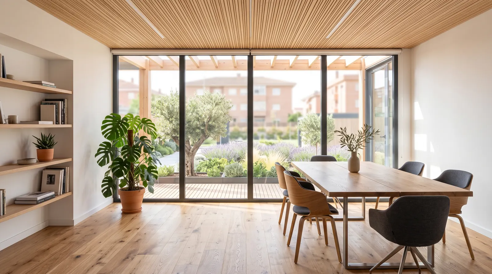 Recreación del interior de una oficina modular: techo de lamas de madera, suelo de roble, mesa de reuniones y ventanal hacia el jardín
