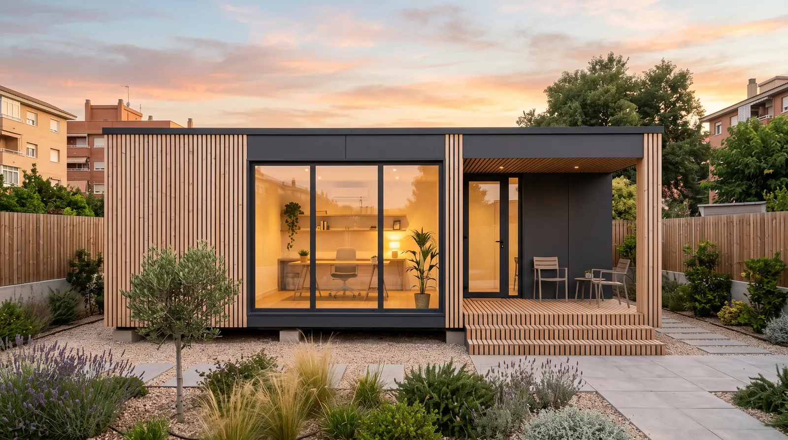 Recreación de una oficina modular con fachada de lamas de madera, gran ventanal y porche, al atardecer