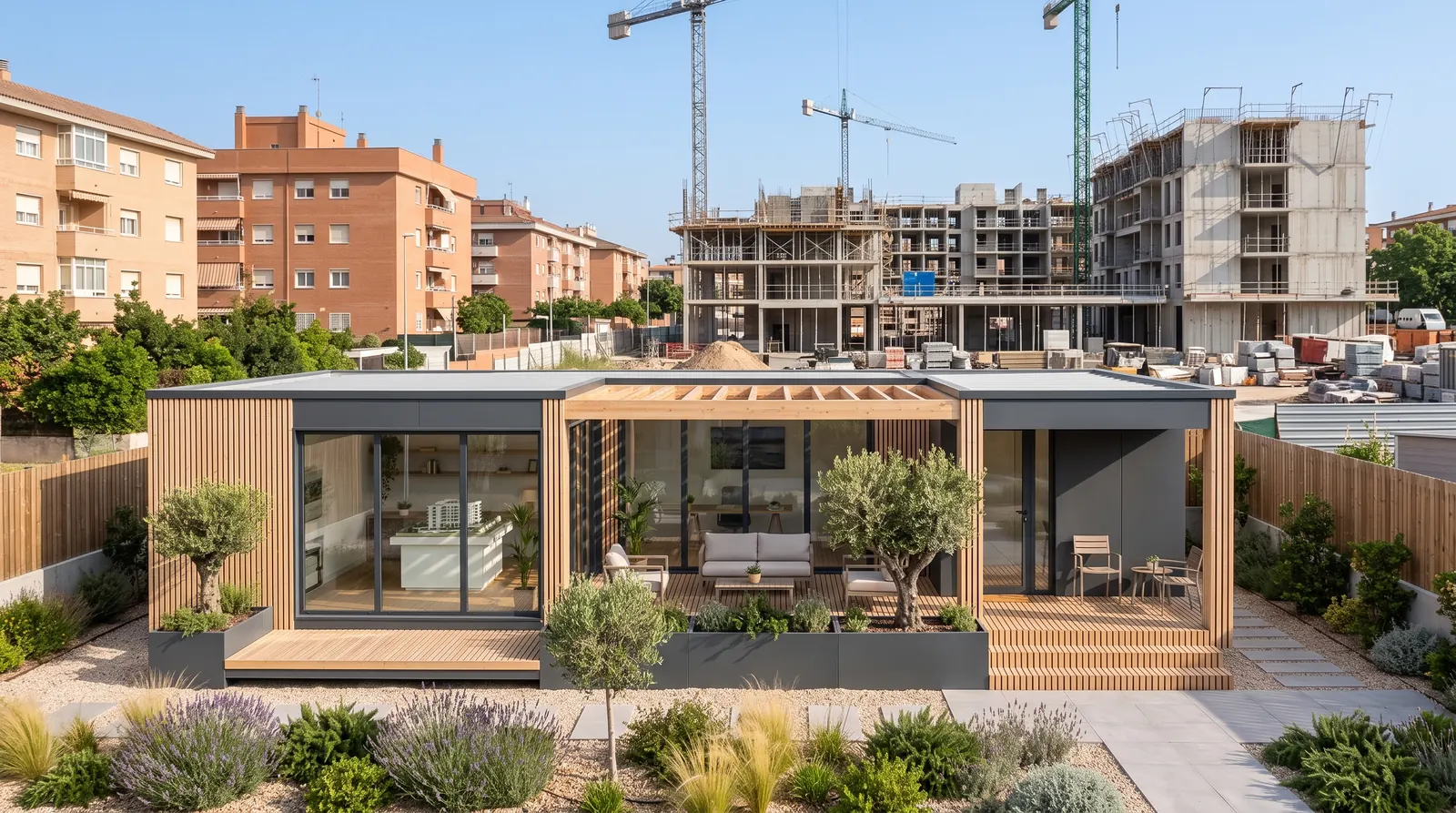 Recreación de una oficina de ventas modular en la parcela de una promoción en construcción, con porche de madera y jardín