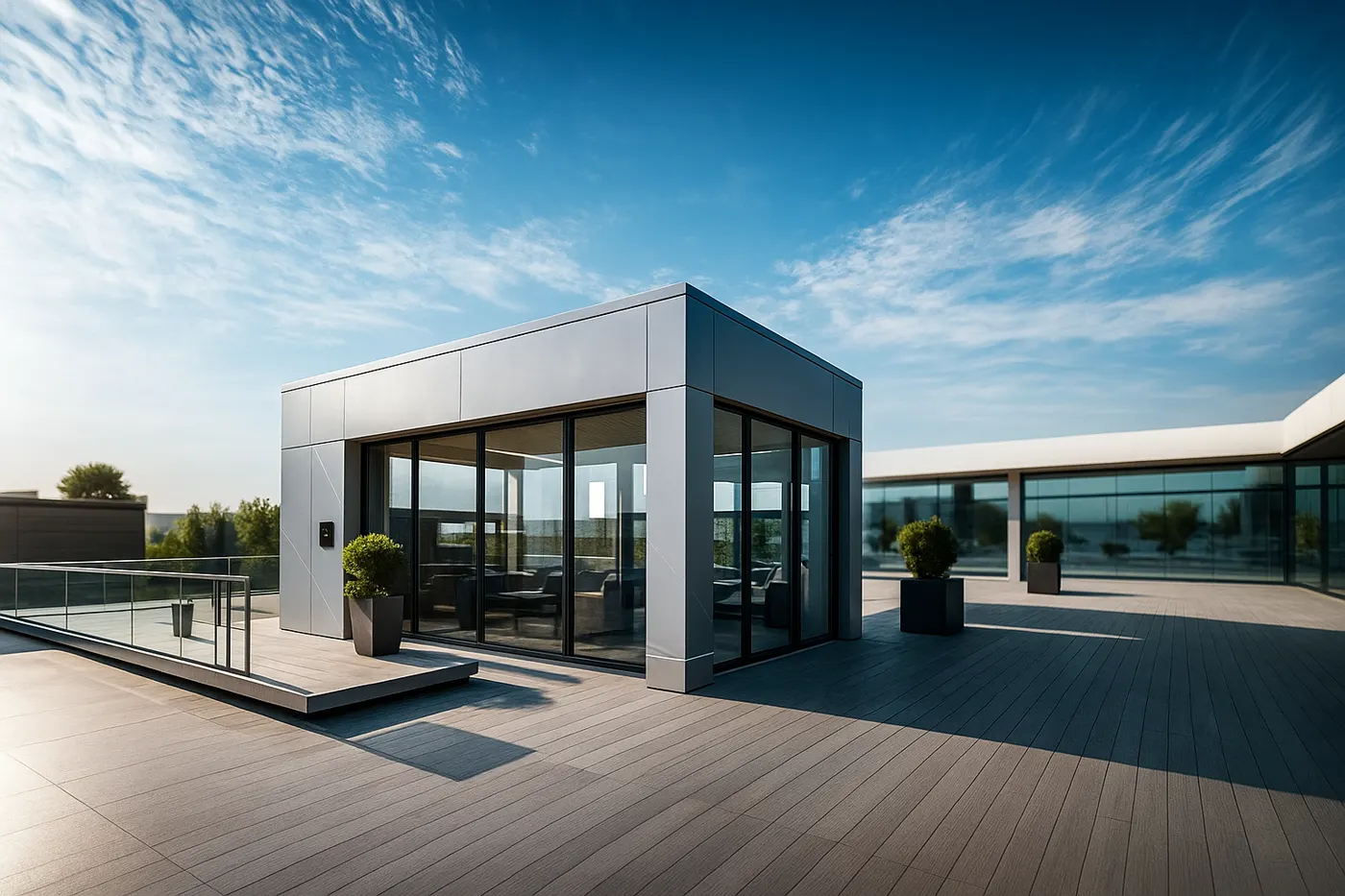 Propuesta de diseño de oficina de ventas modular con fachada de panel y gran acristalamiento