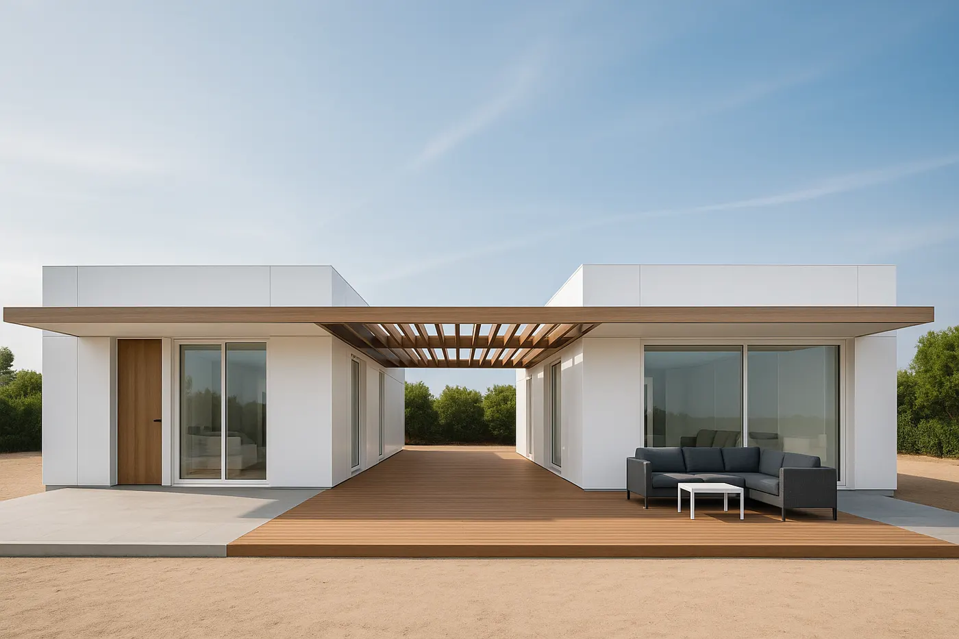 Propuesta de diseño de oficina de ventas modular con porche de madera